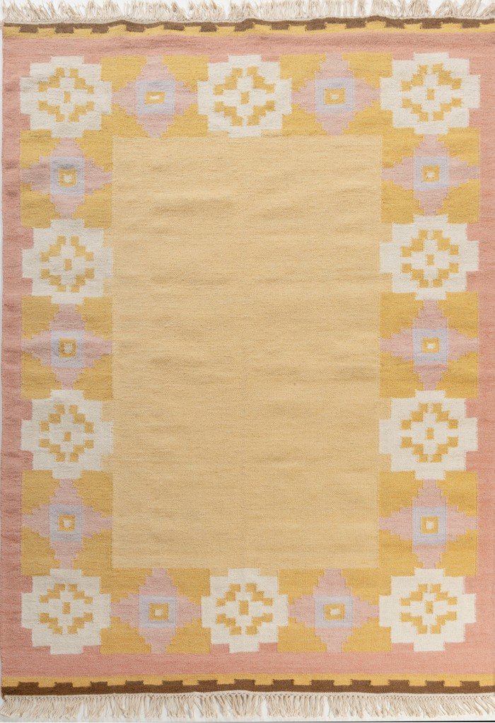 Handwoven Mustard Kilim Rug, Wool Flatweave Area Rug, Pastel Pink Geometric Decor for Bedroom and Nursery