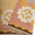 Handwoven Mustard Kilim Rug, Wool Flatweave Area Rug, Pastel Pink Geometric Decor for Bedroom and Nursery view 3
