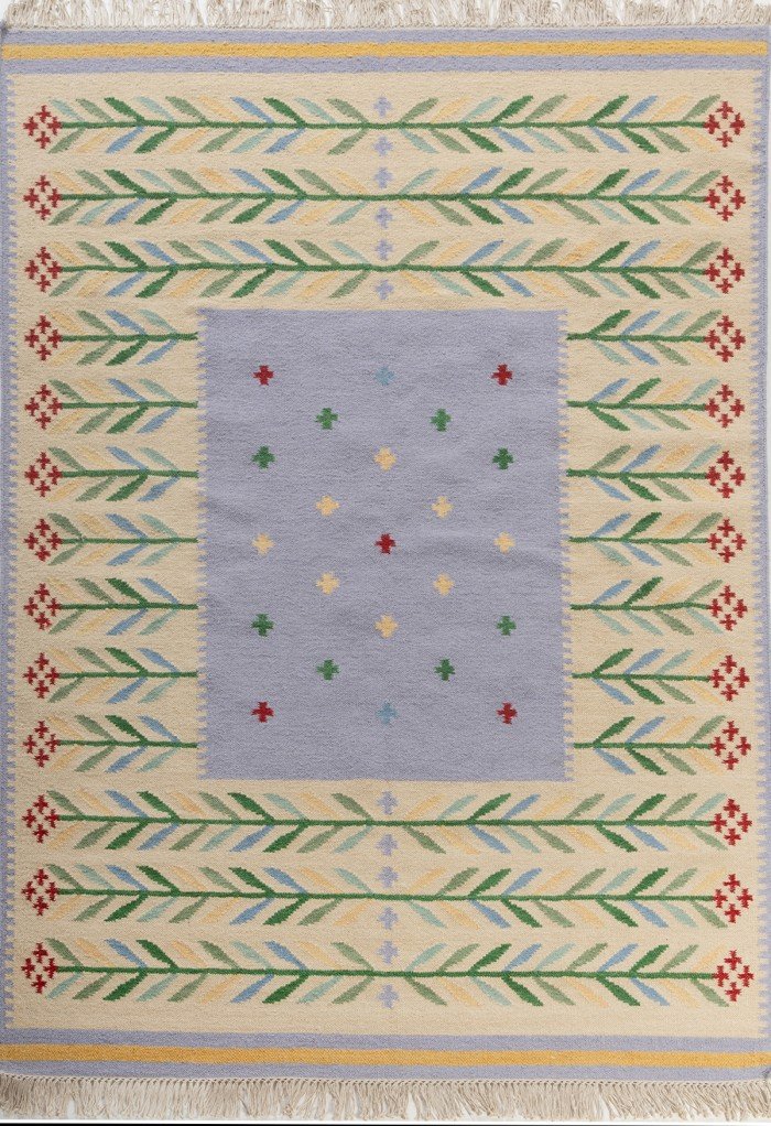 Handwoven Wool Kilim Area Rug with Floral Vine Border – Living Room & Bedroom Rug