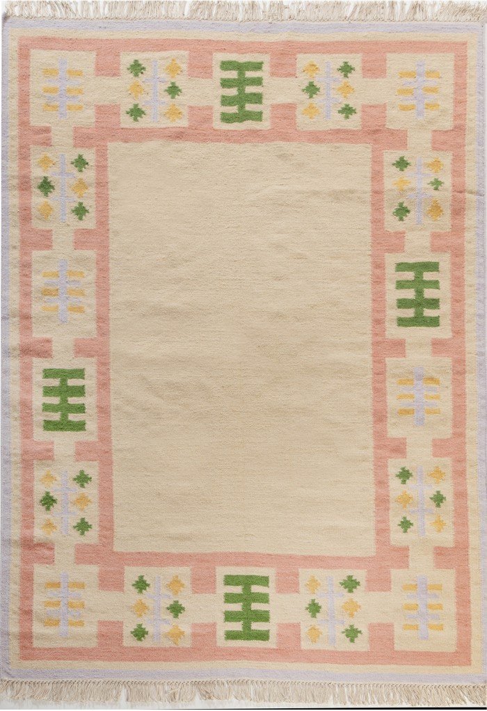 Cotton Wool Rug with Geometric Border - Cozy Bedroom Area Rug, Wool Area Rug for Living Room