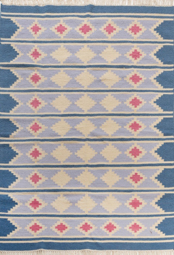 Navajo Inspired Blue Wool Kilim Area Rug – Rectangular Southwestern Flatweave for Living Room & Nursery
