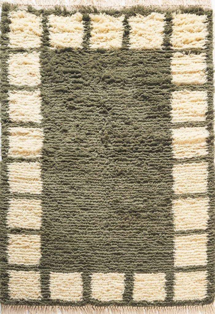 Moroccan Wool Rug 5×8, Olive Green Checkered Border Shag Carpet for Living Room, Bedroom