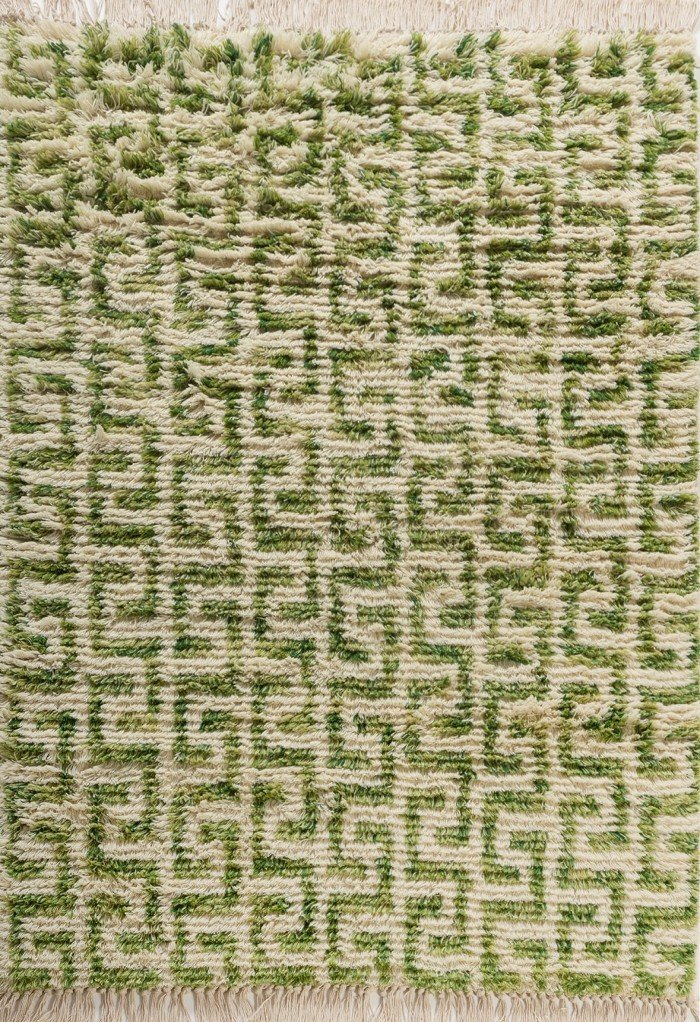 Handmade Moroccan Berber Wool Rug, Geometric Shaggy Area Rug, Green Line Carpet, Pastel Green & Cream Shaggy Carpet