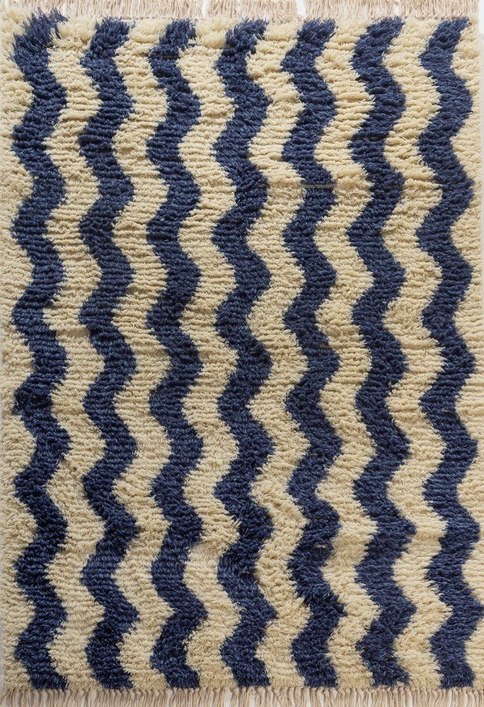 Handmade Moroccan Berber Wool Rug, Geometric Zigzag Shaggy Area Rug, Blue Boho Carpet