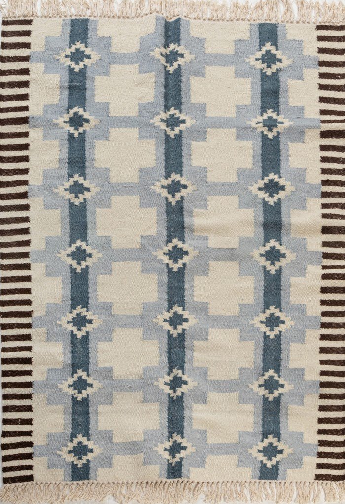 Handwoven Blue Southwestern Wool Flatweave Area Rug, Geometric Aztec Cross Kilim with Fringe, Coastal Boho Cotton Wool Dhurrie