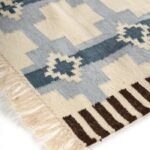 Handwoven Blue Southwestern Wool Flatweave Area Rug, Geometric Aztec Cross Kilim with Fringe, Coastal Boho Cotton Wool Dhurrie view 5