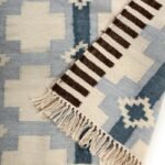 Handwoven Blue Southwestern Wool Flatweave Area Rug, Geometric Aztec Cross Kilim with Fringe, Coastal Boho Cotton Wool Dhurrie view 3