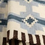 Handwoven Blue Southwestern Wool Flatweave Area Rug, Geometric Aztec Cross Kilim with Fringe, Coastal Boho Cotton Wool Dhurrie view 2