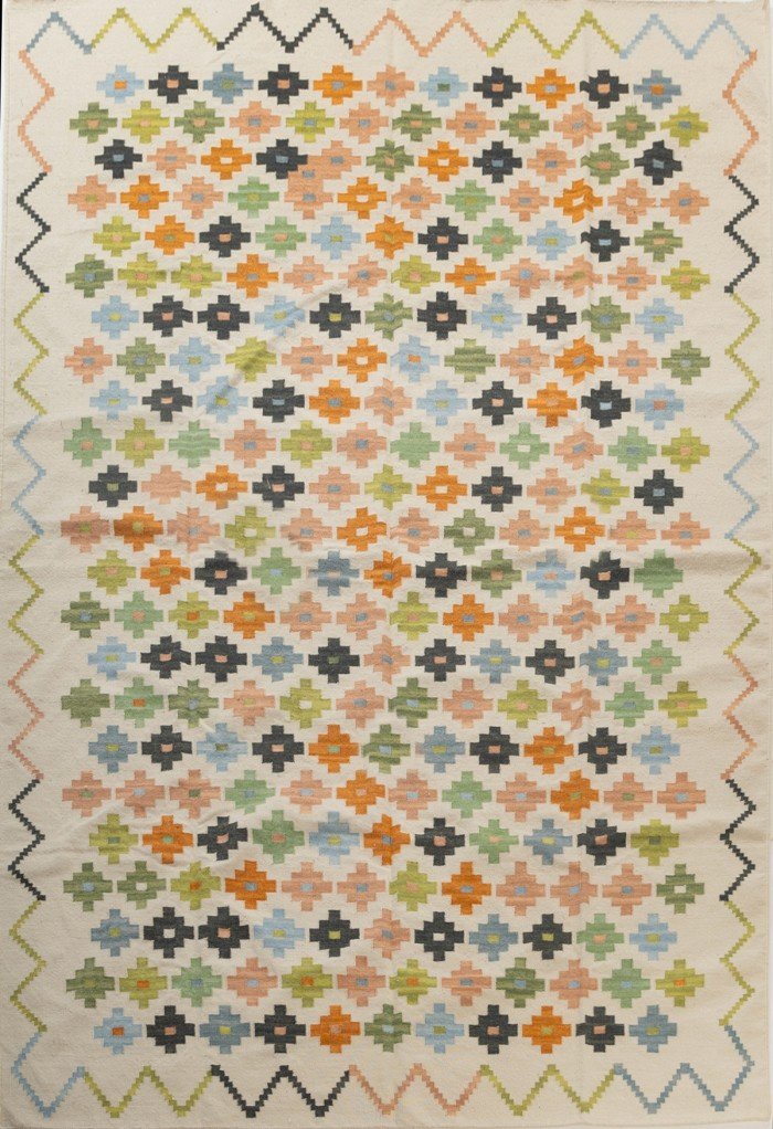 Multicolor Pastel Geometric Wool Flatweave Area Rug, Boho Confetti Stepped Cross Kilim, Handwoven Cotton Wool Dhurrie for Living Room or Nursery