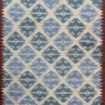 Denim Blue and Rust Geometric Wool Flat Weave Rug, Fringed Bohemian Aztec Kilim Area Rug, Tribal Motif Cotton Wool Accent Rug view 7