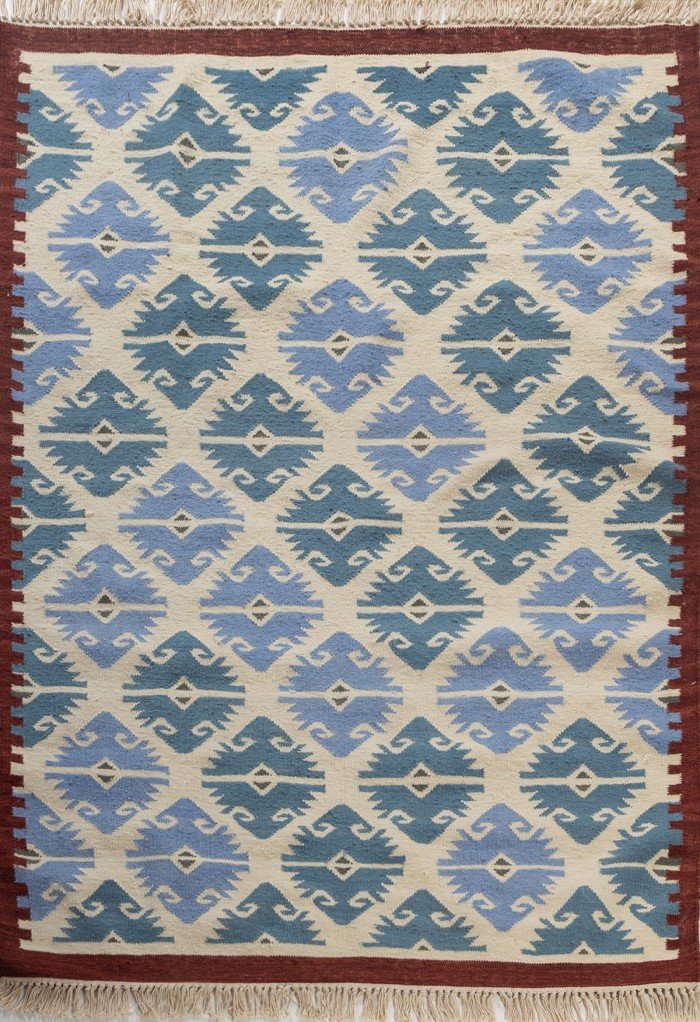 Denim Blue and Rust Geometric Wool Flat Weave Rug, Fringed Bohemian Aztec Kilim Area Rug, Tribal Motif Cotton Wool Accent Rug