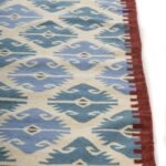 Denim Blue and Rust Geometric Wool Flat Weave Rug, Fringed Bohemian Aztec Kilim Area Rug, Tribal Motif Cotton Wool Accent Rug view 6