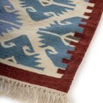 Denim Blue and Rust Geometric Wool Flat Weave Rug, Fringed Bohemian Aztec Kilim Area Rug, Tribal Motif Cotton Wool Accent Rug view 5