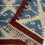 Denim Blue and Rust Geometric Wool Flat Weave Rug, Fringed Bohemian Aztec Kilim Area Rug, Tribal Motif Cotton Wool Accent Rug view 4