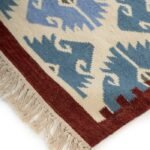 Denim Blue and Rust Geometric Wool Flat Weave Rug, Fringed Bohemian Aztec Kilim Area Rug, Tribal Motif Cotton Wool Accent Rug view 3