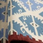 Denim Blue and Rust Geometric Wool Flat Weave Rug, Fringed Bohemian Aztec Kilim Area Rug, Tribal Motif Cotton Wool Accent Rug view 2