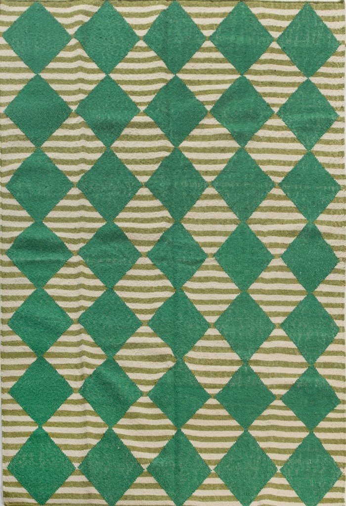 Green and Cream Diamond Pattern Flat Weave Rug, Modern Maximalist Harlequin Kilim Area Rug, Geometric Wool Blend Accent Rug
