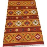 Multicolor Geometric Cotton Wool Rug – Boho Bedroom Area Rug, Kilim Style Striped Area Rug – Orange & Red Geometric Wool Rug view 6