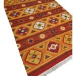 Multicolor Geometric Cotton Wool Rug – Boho Bedroom Area Rug, Kilim Style Striped Area Rug – Orange & Red Geometric Wool Rug view 4