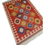 Handwoven Colorful Geometric Kilim Style Red Wool Blend Rug, Geometric Southwestern Red Wool Area Rug, Living Room Decor view 4