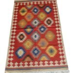 Handwoven Colorful Geometric Kilim Style Red Wool Blend Rug, Geometric Southwestern Red Wool Area Rug, Living Room Decor view 3