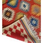 Handwoven Colorful Geometric Kilim Style Red Wool Blend Rug, Geometric Southwestern Red Wool Area Rug, Living Room Decor view 2