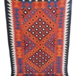 Kilim Style Rectangular Wool Rug – Rust Orange & Blue Home Decor, Diamond Cotton Wool Rug – Boho Bedroom Area Rug view 3