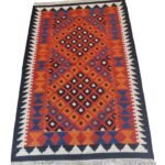 Kilim Style Rectangular Wool Rug – Rust Orange & Blue Home Decor, Diamond Cotton Wool Rug – Boho Bedroom Area Rug view 6