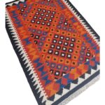 Kilim Style Rectangular Wool Rug – Rust Orange & Blue Home Decor, Diamond Cotton Wool Rug – Boho Bedroom Area Rug view 4