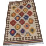 Multicolor Diamond Cotton Wool Rug – Boho Beige Bedroom Area Rug, Geometric Neutral Wool Area Rug view 5