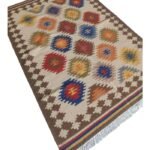 Multicolor Diamond Cotton Wool Rug – Boho Beige Bedroom Area Rug, Geometric Neutral Wool Area Rug view 3