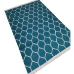 Geometric Honeycomb Rectangular Wool Rug – Teal Blue Home Office Decor, Modern Turquoise & White Cotton Wool Rug view 5