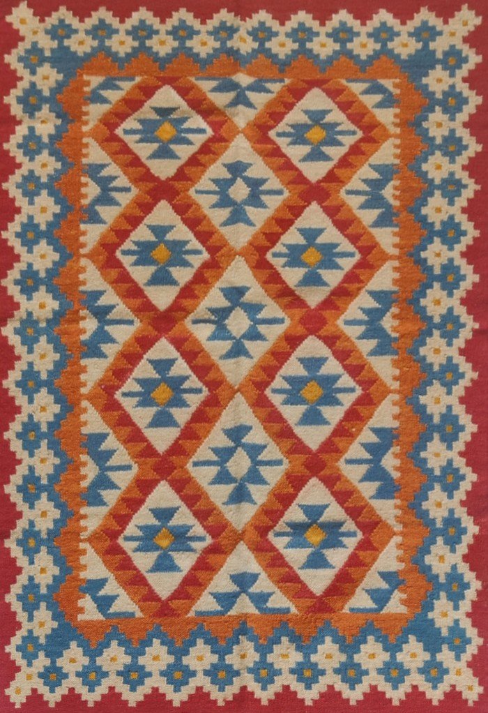 Bohemian Kilim Style Flatweave Rectangular Wool Rug, Colorful Geometric Diamond Area Rug for Dining Room