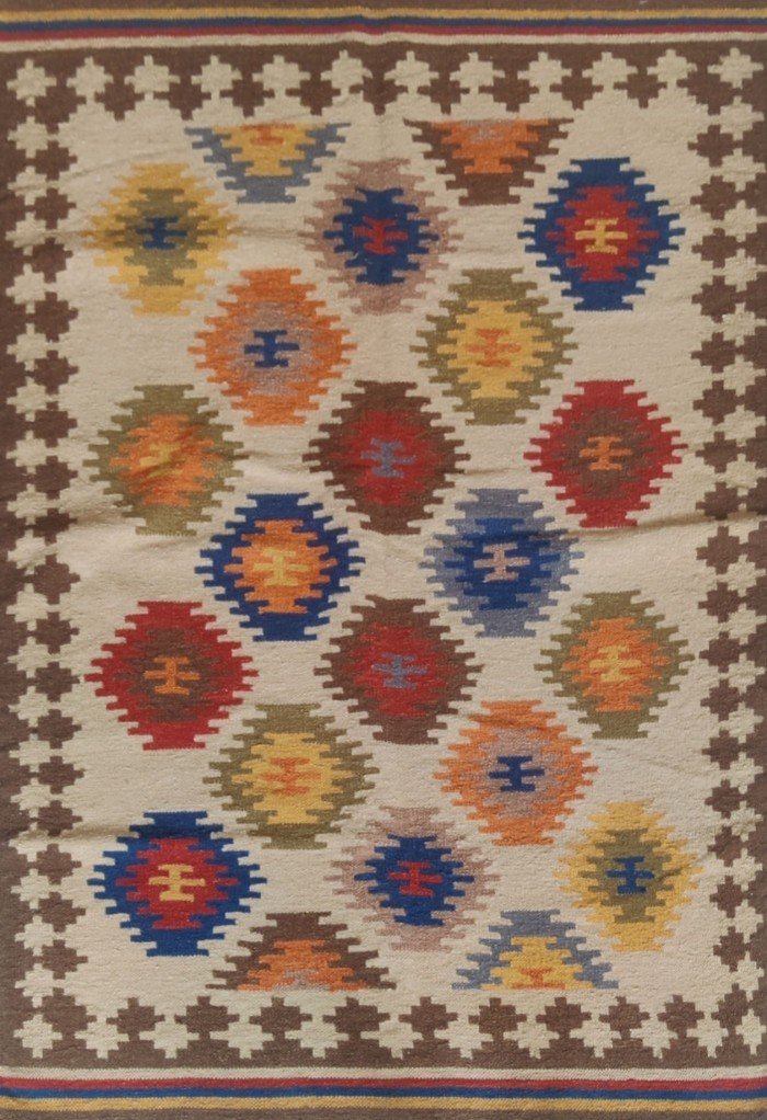 Multicolor Diamond Cotton Wool Rug – Boho Beige Bedroom Area Rug, Geometric Neutral Wool Area Rug