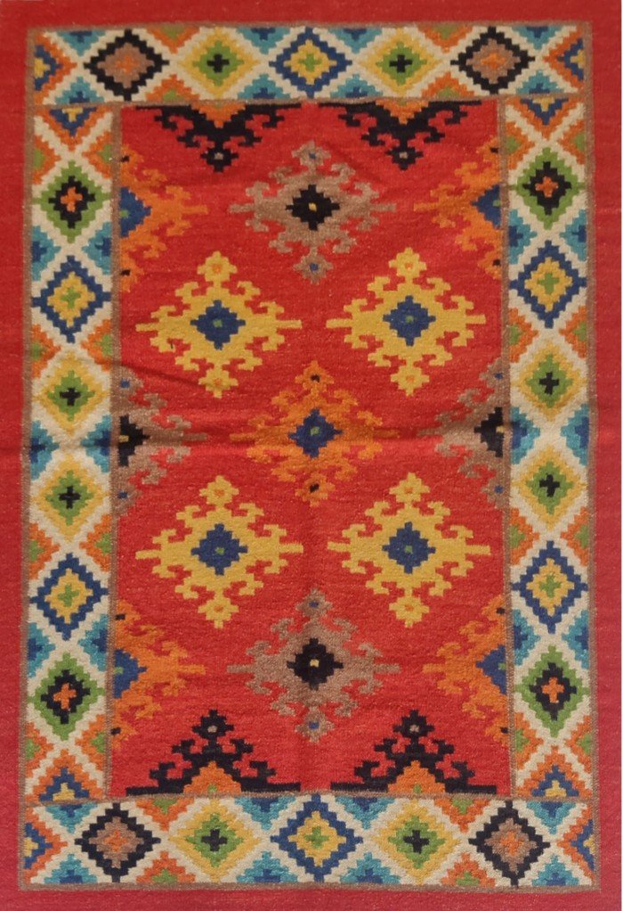 Geometric Southwestern Red Wool Area Rug – Colorful Cabin Living Room Decor, Wool Area Rug for Living Room