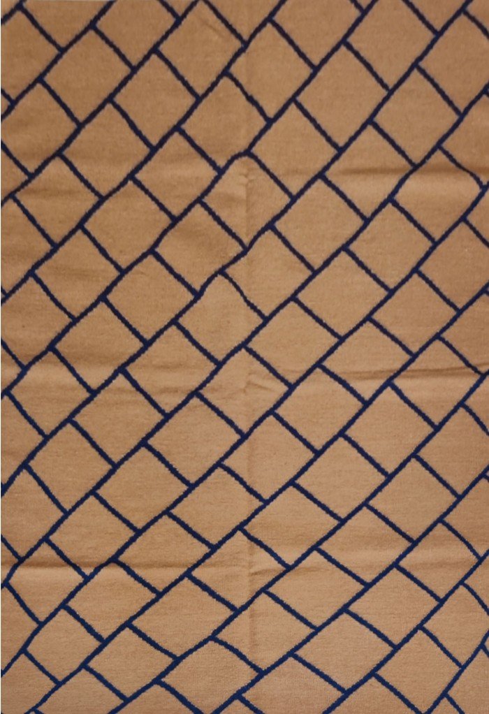 Modern Geometric Lattice Rectangular Wool Area Rug, Beige/Blue Bedroom Area Rug, Grid Pattern for Living Room