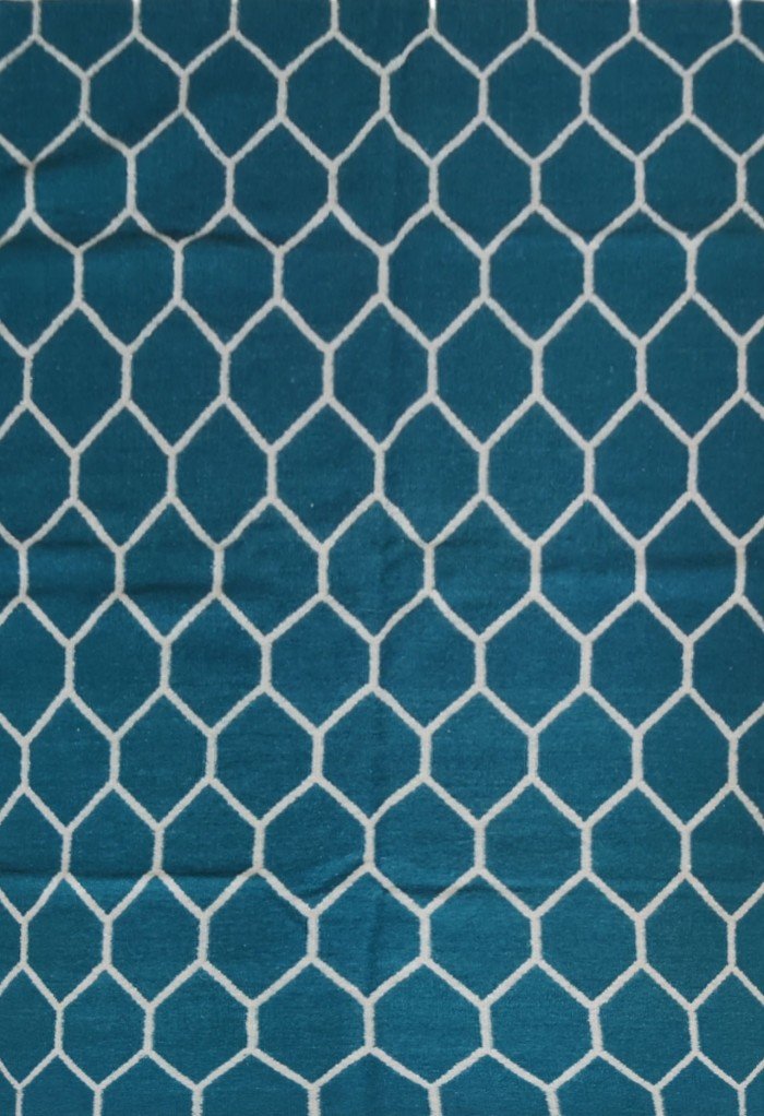 Geometric Honeycomb Rectangular Wool Rug – Teal Blue Home Office Decor, Modern Turquoise & White Cotton Wool Rug