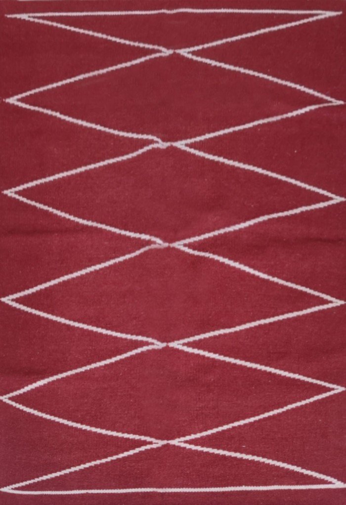 Minimalist Diamond Rectangular Wool Rug, Red Geometric Wool Area Rug, Modern Zig-Zag Bedroom Area Rug