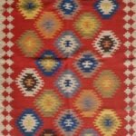 Handwoven Colorful Geometric Kilim Style Red Wool Blend Rug, Geometric Southwestern Red Wool Area Rug, Living Room Decor view 1