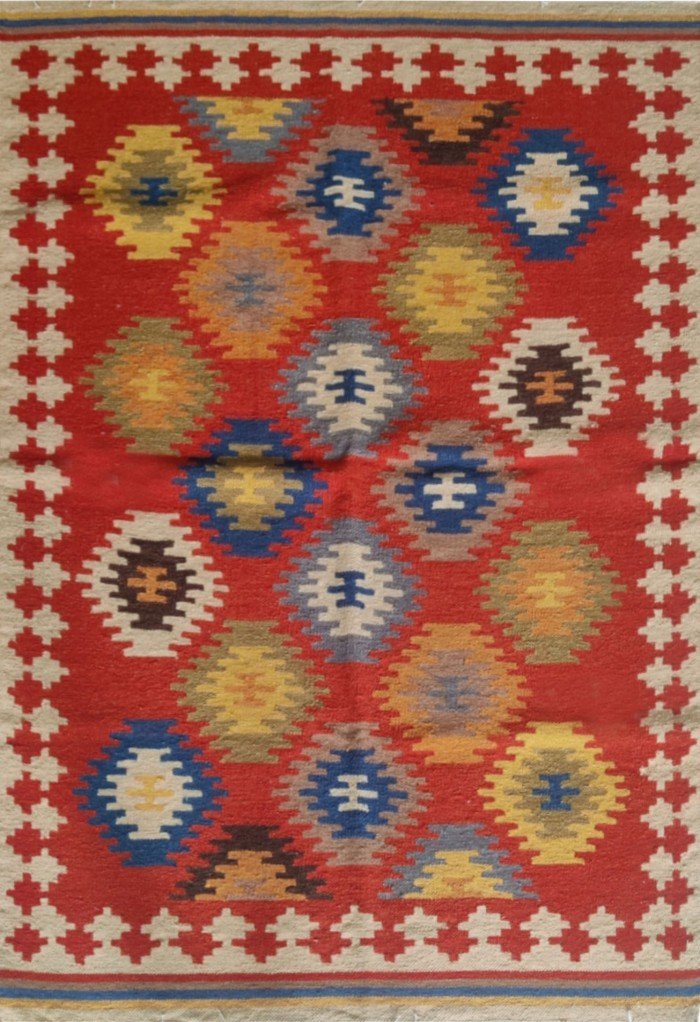 Handwoven Colorful Geometric Kilim Style Red Wool Blend Rug, Geometric Southwestern Red Wool Area Rug, Living Room Decor