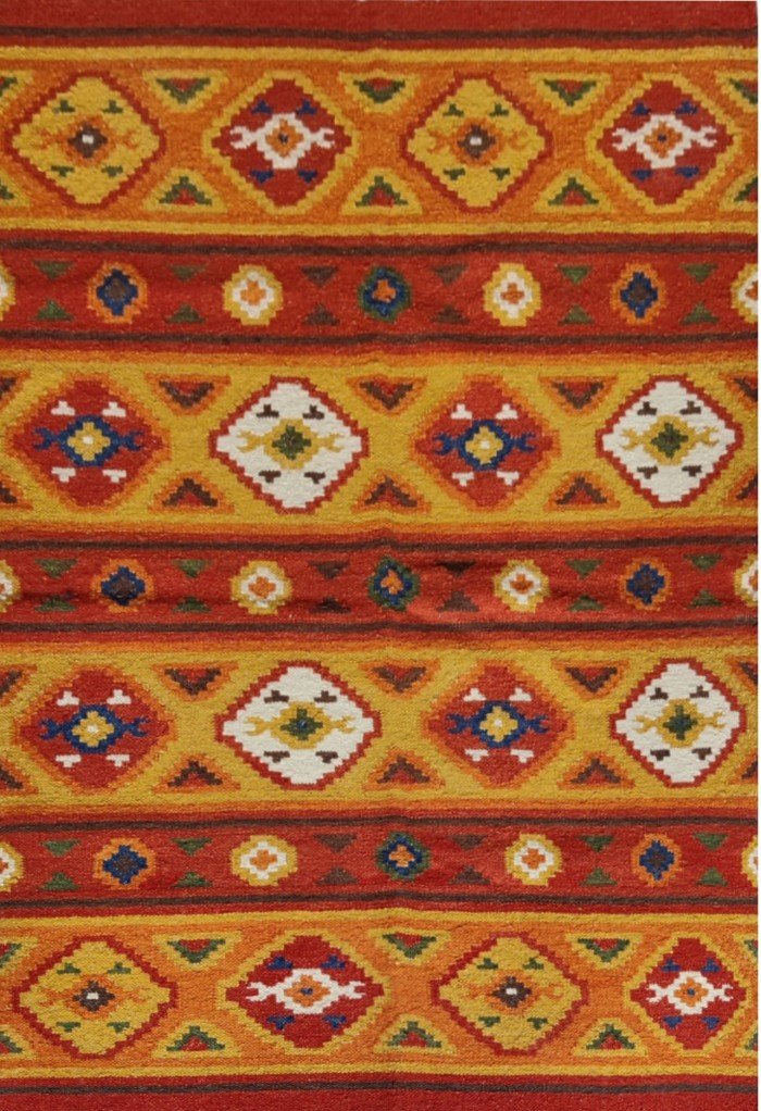 Multicolor Geometric Cotton Wool Rug - Boho Bedroom Area Rug, Kilim Style Striped Area Rug - Orange & Red Geometric Wool Rug
