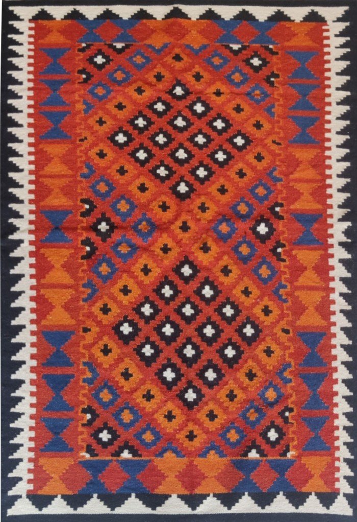 Kilim Style Rectangular Wool Rug – Rust Orange & Blue Home Decor, Diamond Cotton Wool Rug – Boho Bedroom Area Rug