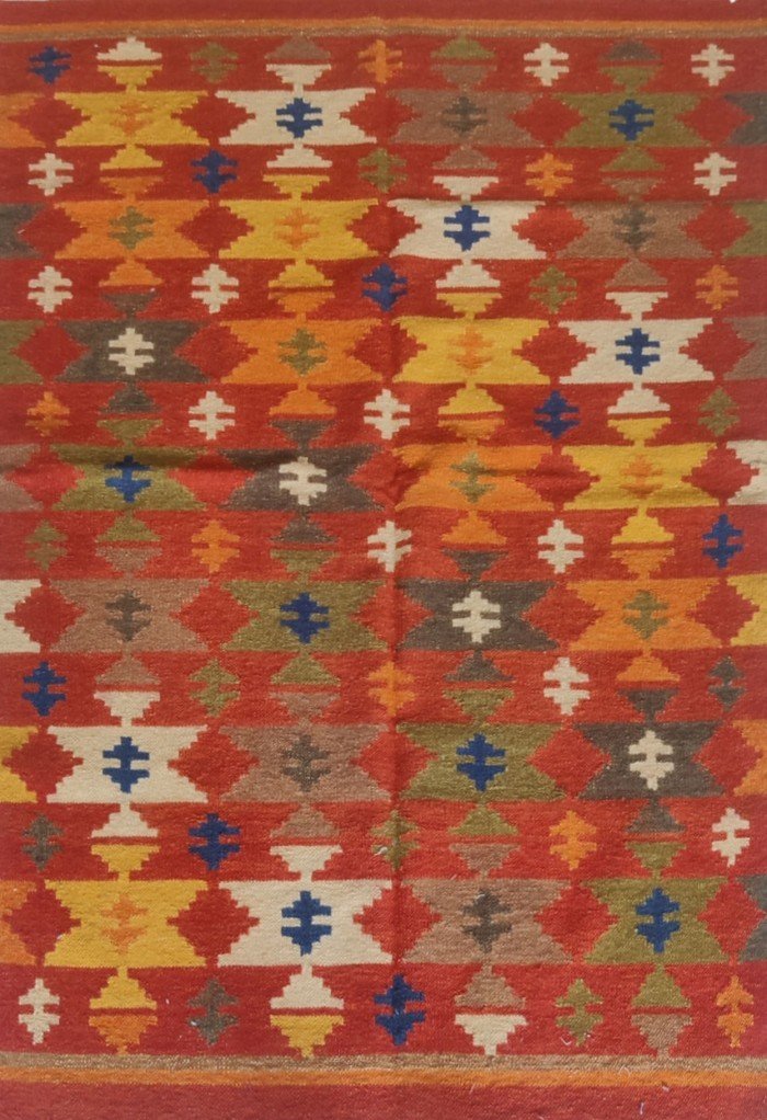 Multicolor Kilim Style Cotton Wool Rug – Boho Rectangular Bedroom Area Rug, Kilim Area Rug for Dining Room