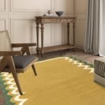 Scalloped Edge Wool Kilim Rug | Mustard Yellow Area Rug with Green Wavy Border for Living Room & Bedroom | Flatweave Decor view 4