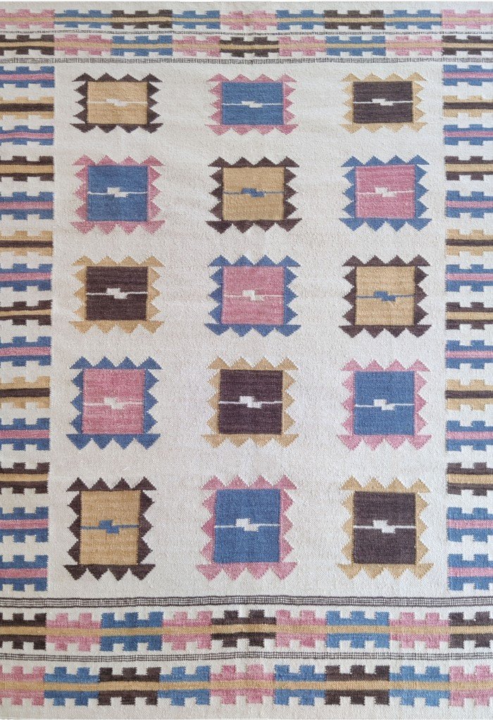 Handwoven Wool Flatweave Area Rug, Pastel Geometric Tribal Kilim Rug, Boho Cotton Wool Blend Dhurrie for Living Room or Bedroom