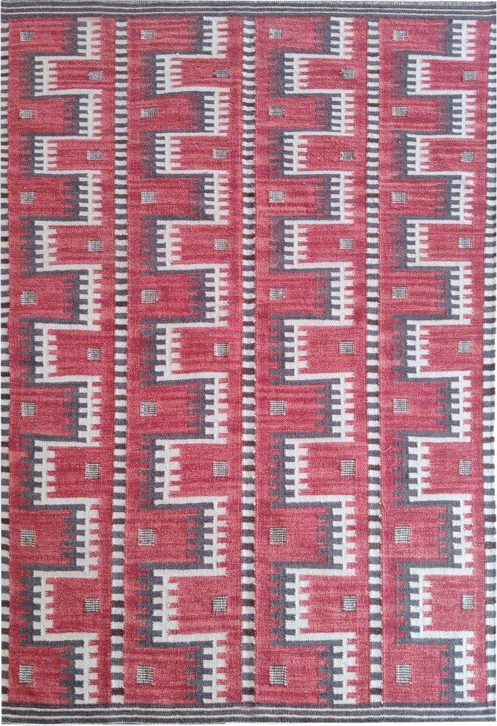 Red Geometric Navajo-Inspired Wool Flat Weave Rug, Striped Bohemian Kilim Area Rug, Tribal Cotton Wool Accent Rug