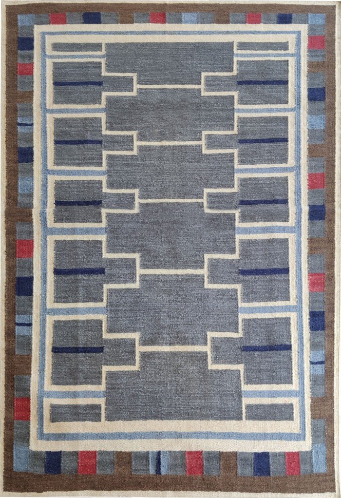 Handwoven Blue Geometric Wool Flatweave Area Rug, Modern Southwestern Tribal Kilim, Color Block Cotton Wool Dhurrie for Living Room