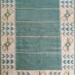 Handwoven Sage Green Wool Flatweave Area Rug, Geometric Border Tribal Kilim, Coastal Boho Cotton Wool Dhurrie for Living Room view 1