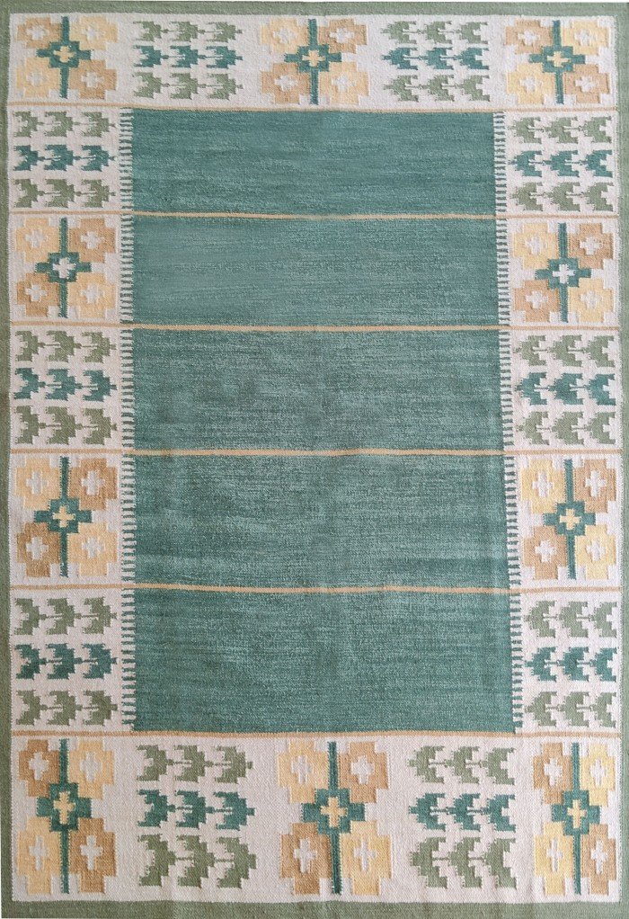 Handwoven Sage Green Wool Flatweave Area Rug, Geometric Border Tribal Kilim, Coastal Boho Cotton Wool Dhurrie for Living Room