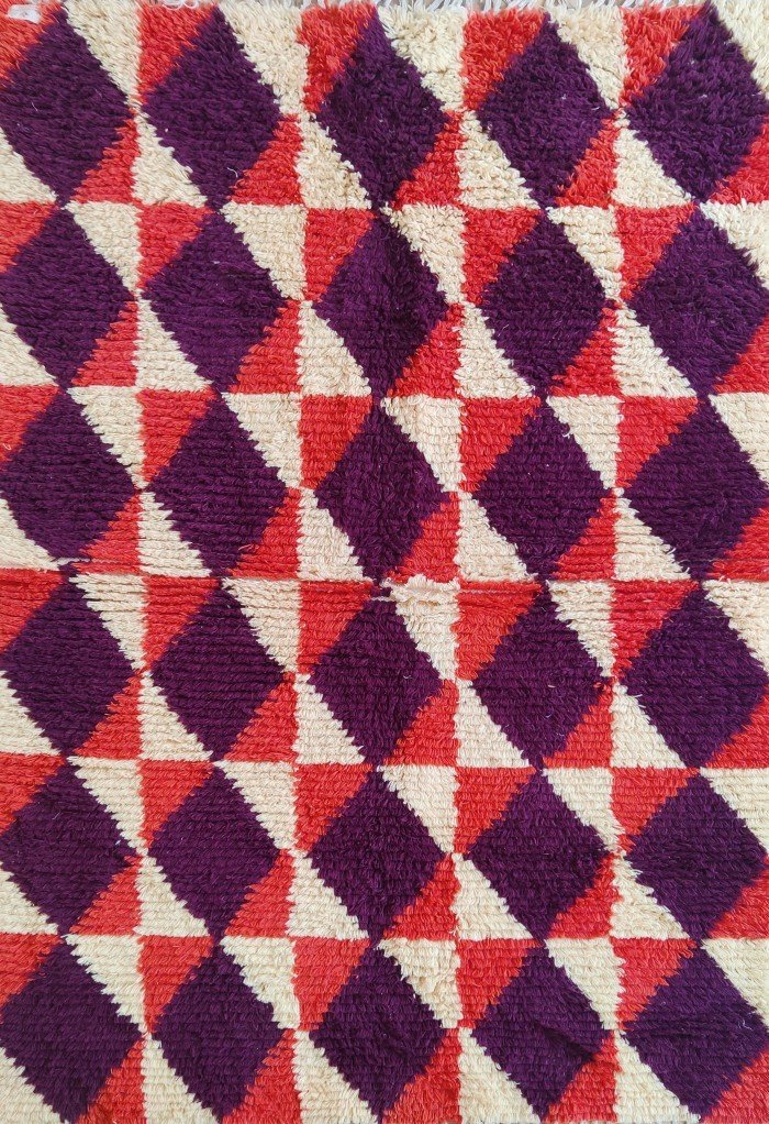 Handmade Moroccan Wool Rug – Purple Diamond Geometric Area Carpet, Purple, Red & Ivory Geometric Design